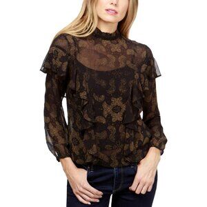 NWT LUCKY BRAND High Neckline Black Printed Ruffled Sheer Top Blouse Siz…